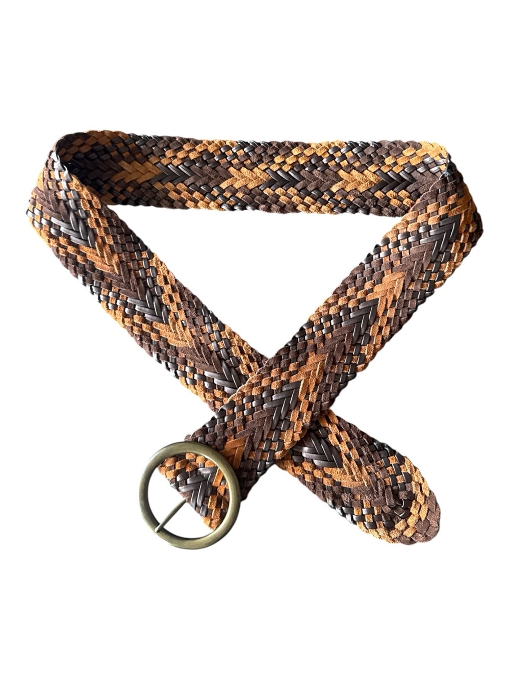 Boho Braided Wide Leather Belt Cognac Multi Brass Buckle Size OS